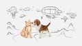 Cute little dog of Beagle and cat over white background with doodles. Friends. Royalty Free Stock Photo