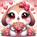 A cute little dog with a bouquet pink rose, bathed in love sign, flower petals arounds, cartoon, anime art, romantic Royalty Free Stock Photo