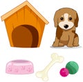 Cute little dog with doghouse ,bone,bowl and yarns Royalty Free Stock Photo