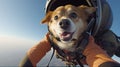 a cute little dog goes skydiving. Skydiving, dog in equipment flying through the sky. Free flight. Adrenaline emotions