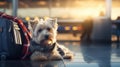 Cute little dog guarding the luggage at the airport, waiting for the return of his master. Funny, fluffy terrier. Generative AI