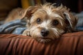 Cute little dog lying on a sofa at home. Selective focus. An adorable image of a little pooch in a warm, friendly atmosphere,