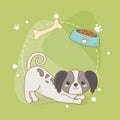Cute little dog mascot with dish and bone