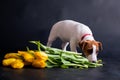 A cute little dog is standing by an armful of tulips on a black background. Purebred puppy Jack Russell Terrier gives a