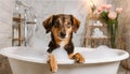 A cute little dog taking a bubble bath with his paws up on bubble the rim of the tub Royalty Free Stock Photo