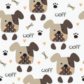 Cute little dogs, paws and bones seamless pattern