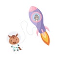 Cute little donkey flying in violet rocket. Cartoon horse character in space costume with rocket on white background. Design for Royalty Free Stock Photo