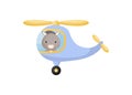 Cute little donkey pilot in blue helicopter. Cartoon character for childrens book, album, baby shower, greeting card, party Royalty Free Stock Photo