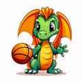 Cute little dragon with basketball ball on white background. Cartoon style.