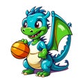 Cute little dragon with basketball ball on white background. Cartoon style.