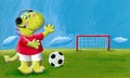 Cute little dragon dinosaur football commentator Royalty Free Stock Photo