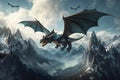 cute little dragon flying over mountain range, with majestic peaks in the background