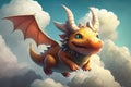 cute little dragon flying through the sky, with clouds in the background