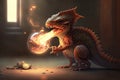 cute little dragon playing with ball of flame, showing off its fiery breath