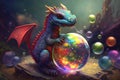 cute little dragon playing with colorful ball in magical realm