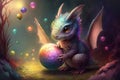 cute little dragon playing with colorful ball in magical realm