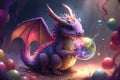 cute little dragon playing with colorful ball in magical realm