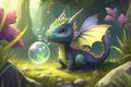 cute little dragon playing with its favorite ball, or chasing butterfly in magical garden