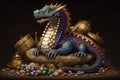 cute little dragon sitting on pile of treasure, surrounded by gems and jewels