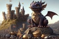 cute little dragon sitting on pile of treasure, with view of castle in the background