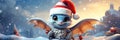 Cute little dragon in winter forest at sunset, happy funny baby character on Christmas. Cute smiling fairy animal on snow