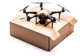Cute little drone on top of cardboard packaging box on white background, AI generative Royalty Free Stock Photo