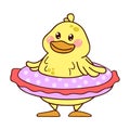 Cute little duck with rubber ring. Kawaii character in cartoon style. Design illustration isolated Royalty Free Stock Photo