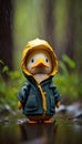 Cute little duck wear raincoat cartoon character isolated white background. Royalty Free Stock Photo