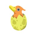 Cute Little Duckbill Dino Hatched from Yellow Egg, Adorable Baby Dinosaur Character Vector Illustration