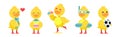 Cute Little Duckling with Yellow Feathers Engaged in Different Activity Vector Set