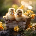 Cute little ducklings in a basket on a background of spring flowers