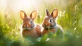Two cute little Easter bunnies in the sunny meadow. Happy Easter Royalty Free Stock Photo