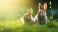 Cute little Easter bunnies in the sunny meadow. Two rabbits on a green grass in summer day.Happy Easter Royalty Free Stock Photo