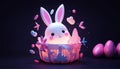 Cute Little Easter bunny with decorated Easter eggs on the grass. Glowing neon lights and dark background. Futuristic Royalty Free Stock Photo