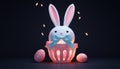 Cute Little Easter bunny with decorated Easter eggs on the grass. Glowing neon lights and dark background. Futuristic Royalty Free Stock Photo