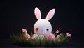 Cute Little Easter bunny with decorated Easter eggs on the grass. Glowing neon lights and dark background. Futuristic Royalty Free Stock Photo