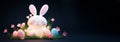 Cute Little Easter bunny with decorated Easter eggs on the grass. Glowing neon lights and dark background. Futuristic Royalty Free Stock Photo