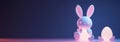 Cute Little Easter bunny with decorated Easter eggs on the grass. Glowing neon lights and dark background. Futuristic Royalty Free Stock Photo