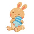 Little easter bunny hugging egg cartoon vector illustration