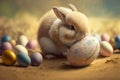 Cute little easter bunny pushing an easter egg. Royalty Free Stock Photo