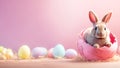 Easter bunny rabbit in a cracked egg on pastel pink background. Easter egg background. Generative AI Royalty Free Stock Photo