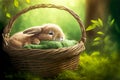 cute little easter bunny sleeps in basket in green clearing