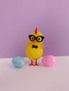 Cute little Easter chick wearing glasses with two eggs on a purple and white background Royalty Free Stock Photo