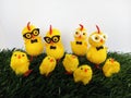 Cute little easter chicks wearing glasses with baby chicks on green grass Royalty Free Stock Photo