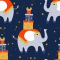 Cute little elephant, blue and gold, flat style.