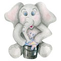 Cute little elephant with bucket of soap water, suds with bubbles. Concept of washing, hygiene, shower, children, kids, leisure,