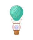 Cute little elephant fly on green hot air balloon. Cartoon character for childrens book, album, baby shower, greeting card, party Royalty Free Stock Photo