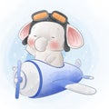 Cute little elephant flying on plane cartoon watercolor illustration Royalty Free Stock Photo