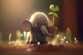 Cute little elephant gardener holding a flowerpot with his trunk Royalty Free Stock Photo