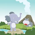 Cute little elephant and little hippo play around swamp. Funny Kid Graphic Illustration. T-Shirt Design for children. Creative Royalty Free Stock Photo